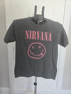 NIRVANA Black Youth L Tee with Pink Logo and Smiley